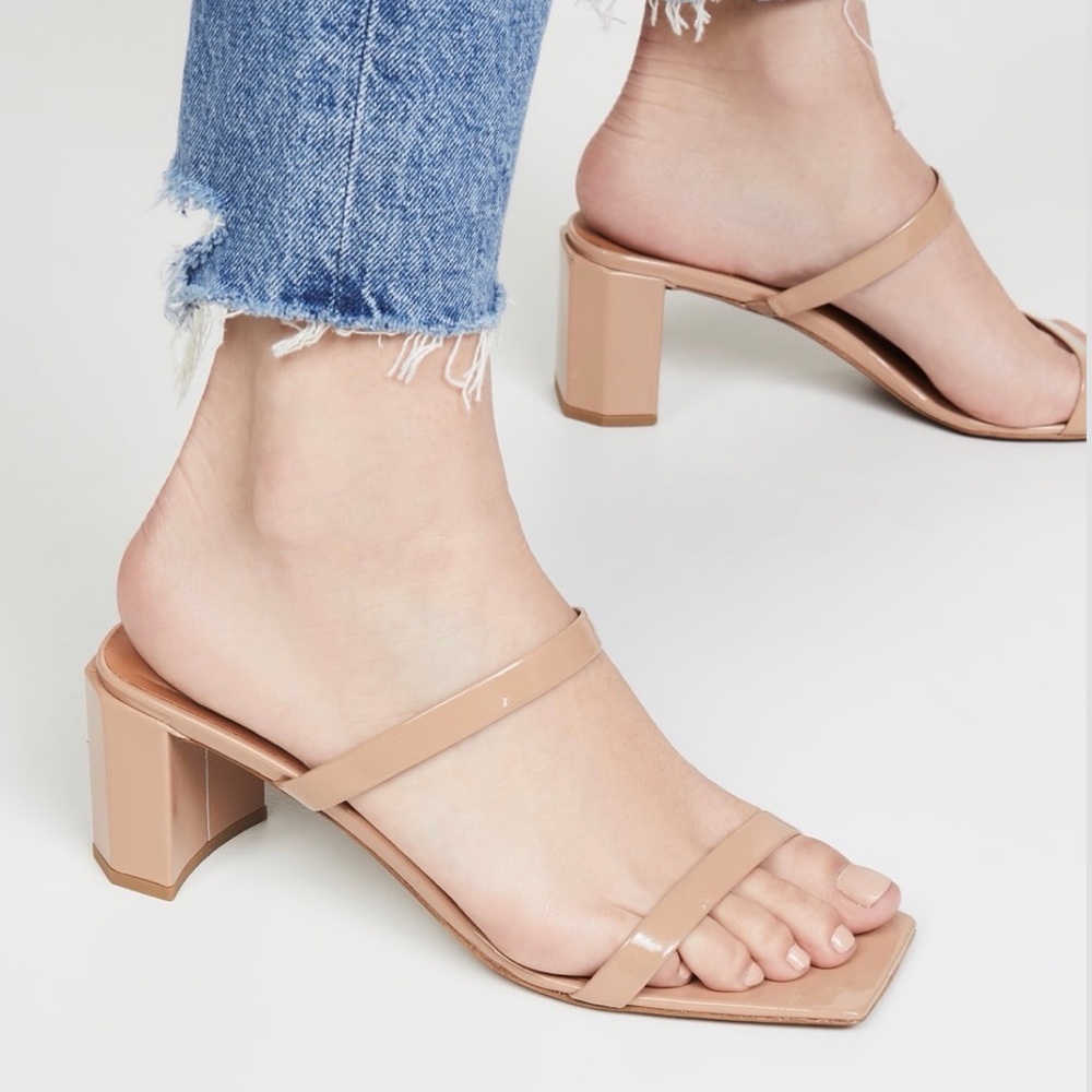 BY FAR Tanya Nude Patent Square Toe Block Heel Sandals